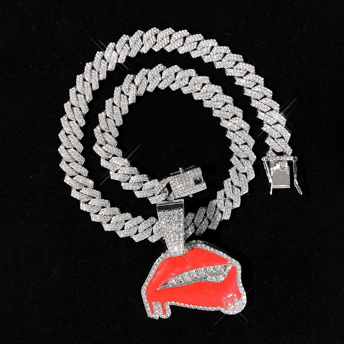 Diamond-studded oil-drip sexy red lip pendant hip-hop personalized creative alloy Cuban chain necklace