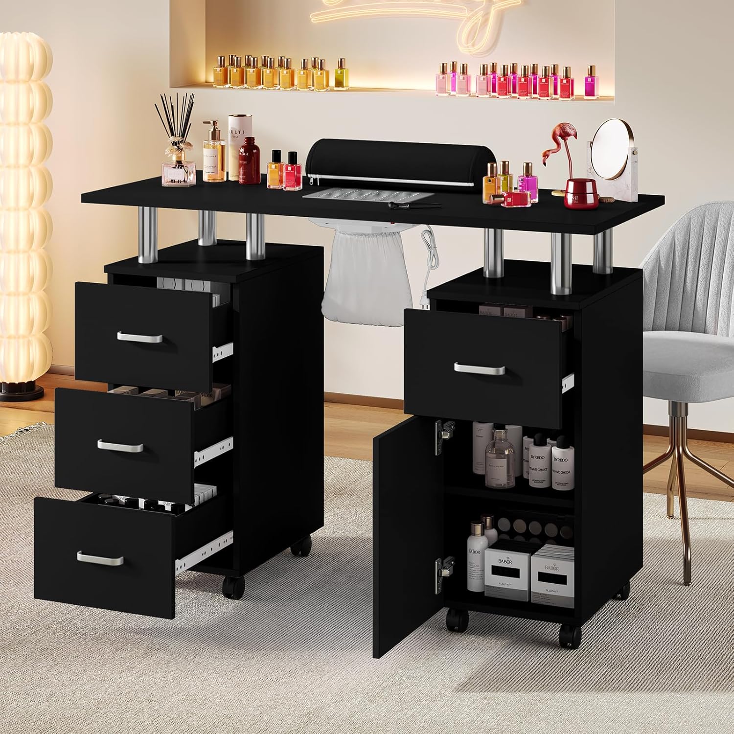 Professional Nail Desk with Electric Dust Collector, Nail Tech Table for Salon & Home Use, 4 Drawers Storage Cabinet, Lockable Wheels & Arm Rest