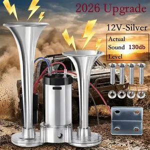 2026 Upgraded 12V 130DB Air Horn Dual Horn, Horn Kit with Air Compressor,Dual Electric Air Horns Kit with Compressor for Vehicles Trucks Pickup Trains Lorrys SUVs Cars Boats (12V SilverBlack) Alarm for Home Security,