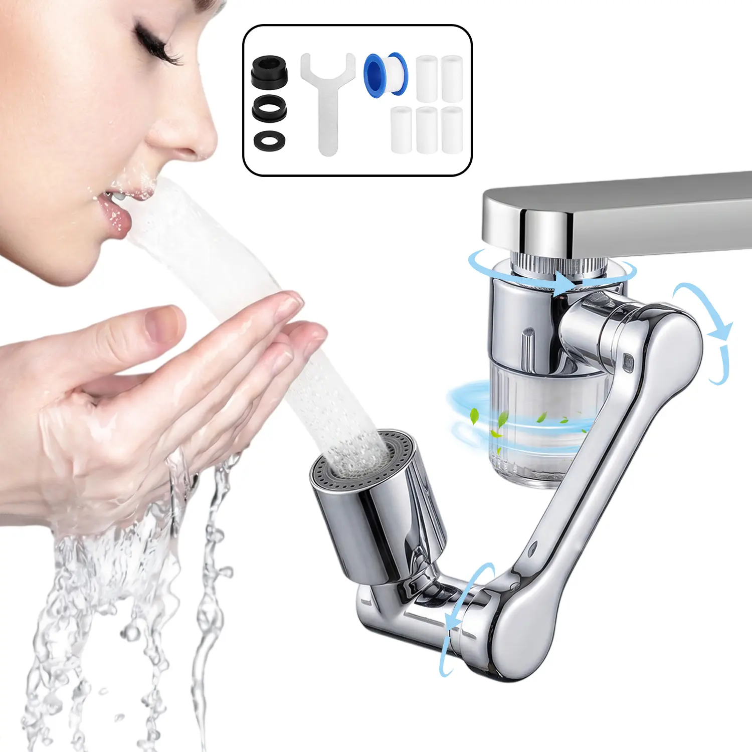 Swivel Faucet Extender Sink Aerator with Water Filter, 1440° Rotatable Sink Faucet Extender, 2-Mode Adjustable Faucet Sprayer Attachment, Includes 5pcs Replaceable Water Filter, Universal for Kitchens & Bathrooms Sink
