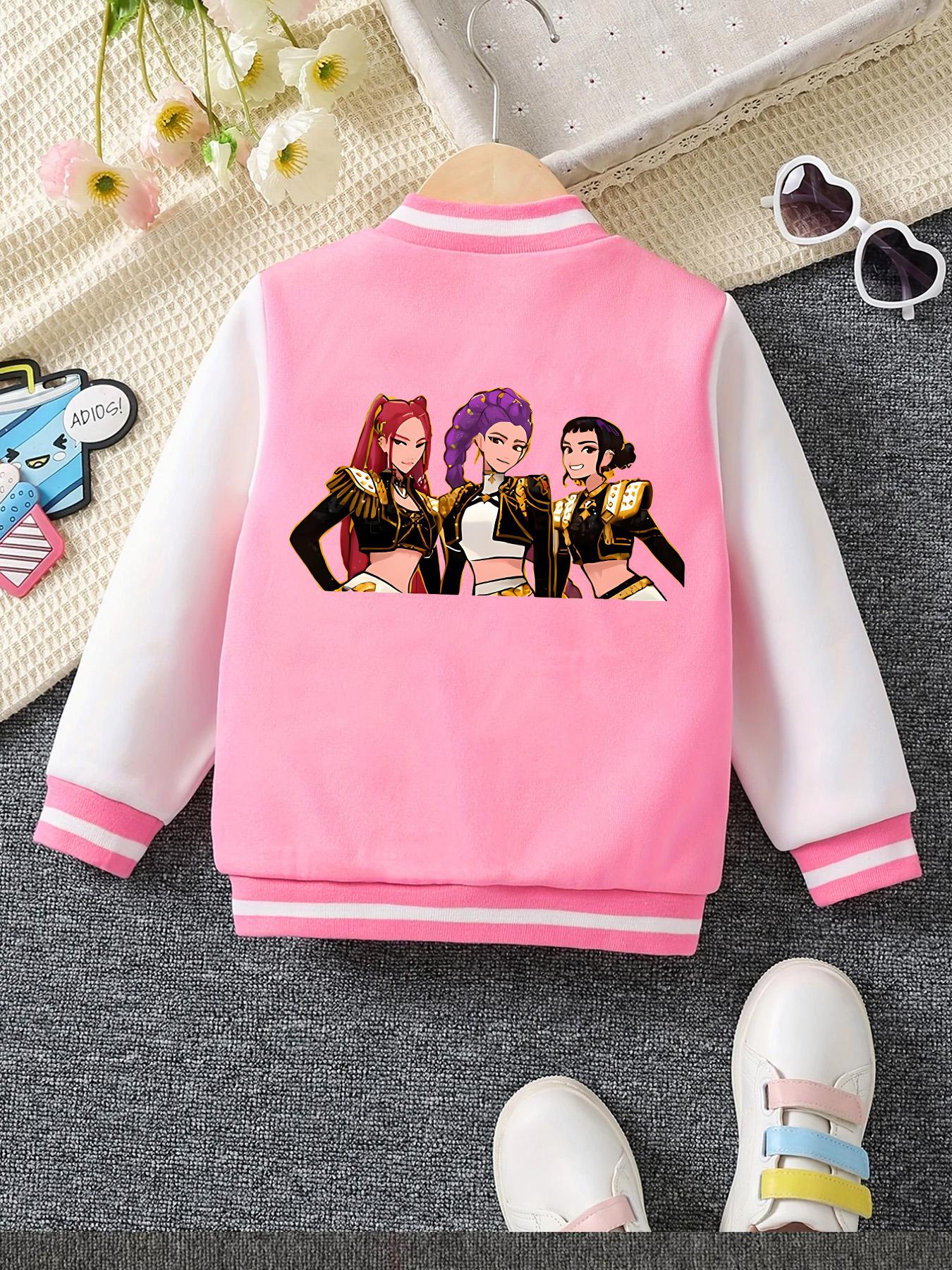 Girls' Spring & Fall Fashion Jacket, Casual Comfy Jacket, Cute Cartoon Kpop Print Baseball Coat, Fitted Moderate Fabric Casual Style Outerwear