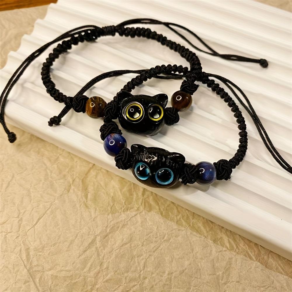 Ancient-Style Woven Cord Kitten Motif Bracelet - Cute Black Kitten Design, Adjustable Size, Bowknot Accent, Unisex Wear, Gift Ideas for Friends or Couples