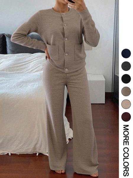 Women’s Casual Comfortable Round Neck Long Sleeve Knit Sweater Set with Pockets, High-Waisted Wide-Leg Pants, Perfect for Daily Wear