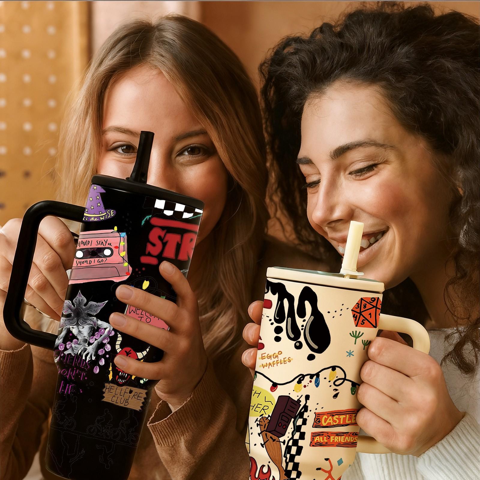 1 Pc 40oz Insulated Mug Tumbler, Double Wall Vacuum Cup, Leak-Proof Skinny Thermal Mug for Hot Cold Drinks, Keeps Hot 12 Hours Cold 24 Hours, Vintage Cartoon Art Style Gift for Women Men, Holiday Birthday Festival Office Daily Use