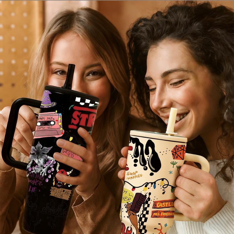 1 Pc 40oz Insulated Mug Tumbler, Double Wall Vacuum Cup, Leak-Proof Skinny Thermal Mug for Hot Cold Drinks, Keeps Hot 12 Hours Cold 24 Hours, Vintage Cartoon Art Style Gift for Women Men, Holiday Birthday Festival Office Daily Use