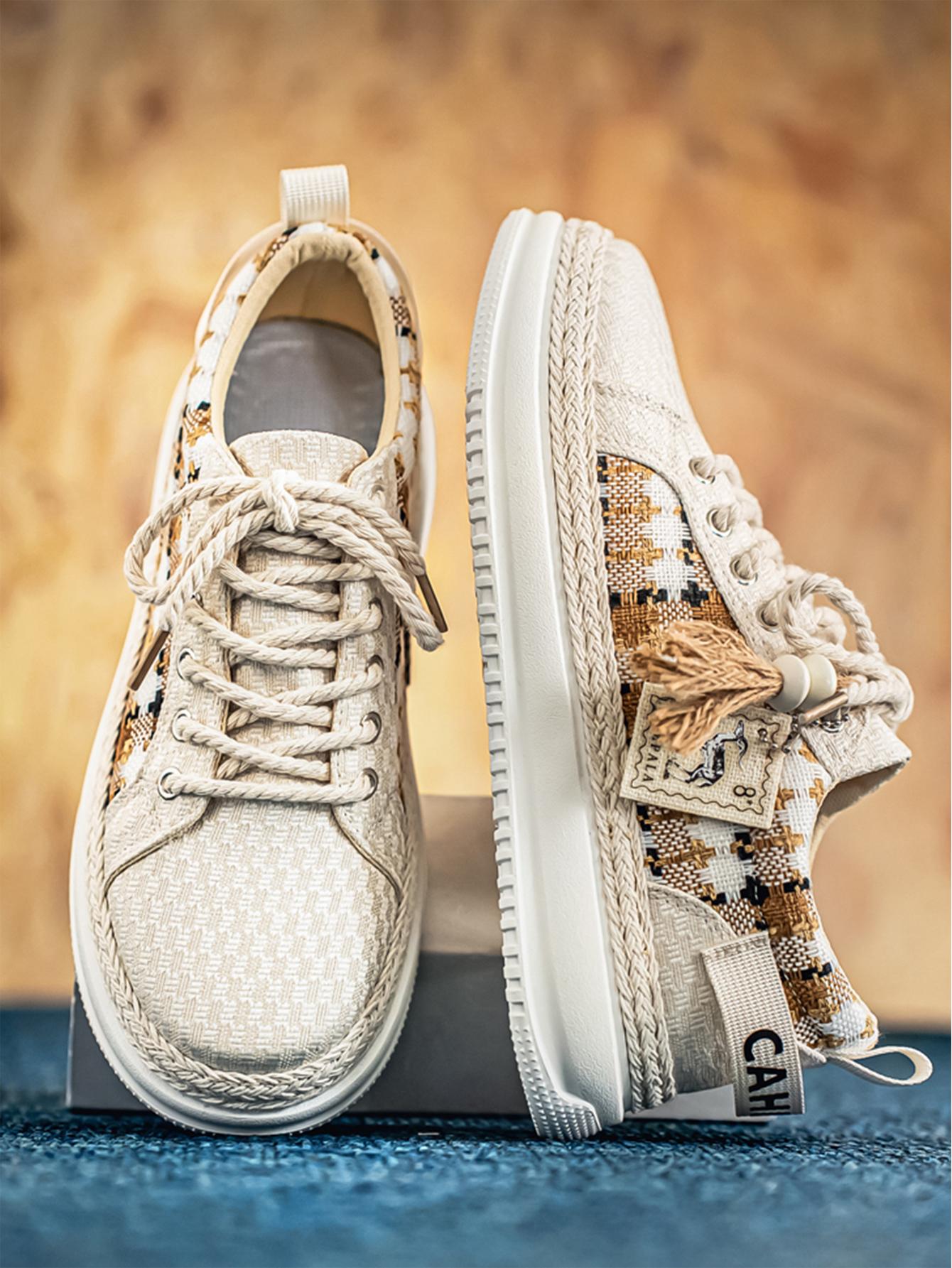 Summer New Men's Retro Plaid Laces, Braided Rope Shoelace Design, Easy-On-Off Hemp Laces, Commuter & Casual Shoes, Versatile Footwear