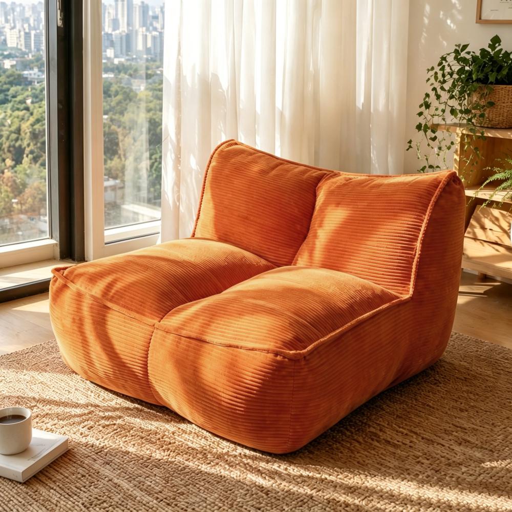 Modern Togo Caterpillar 1-Person Casual Rectangle Mini Sofa for Adults, 35.00x40.00x28.00 inches (35x40x28"), Corduroy Fabric, 40 lbs Slouchy Lazy Couch, No Assembly Required, Cozy Living Room-Bedroom Sofa, Orange, 30 Days for Quality Issues