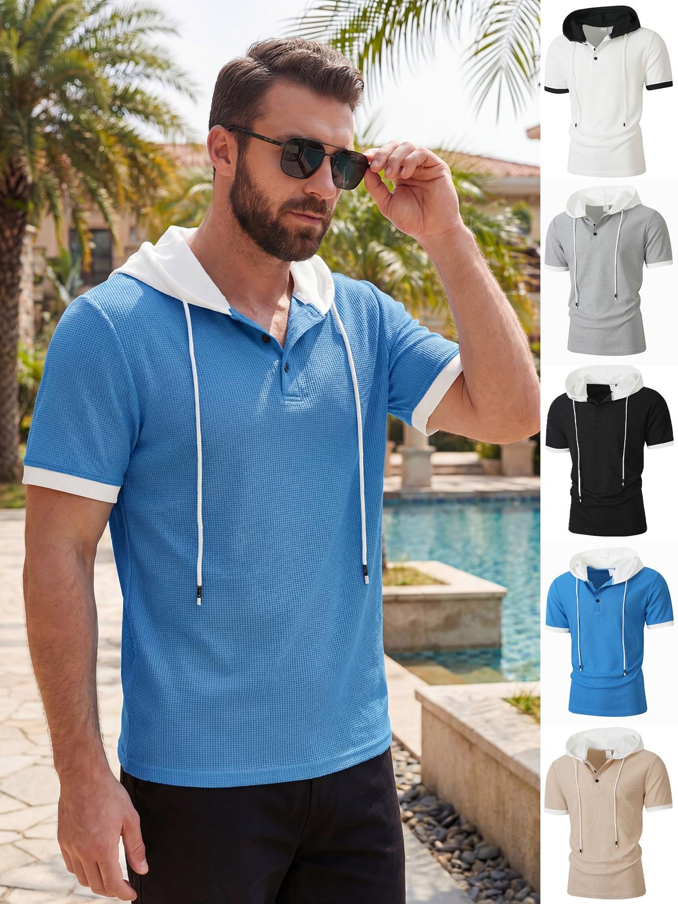 New men's waffle knit polo shirt with hood - stylish contrasting color hood and cuffs, semi-open buttoned collar, short sleeves, and fitted design. Perfect for casual outings, vacations, and daily trendy street style.