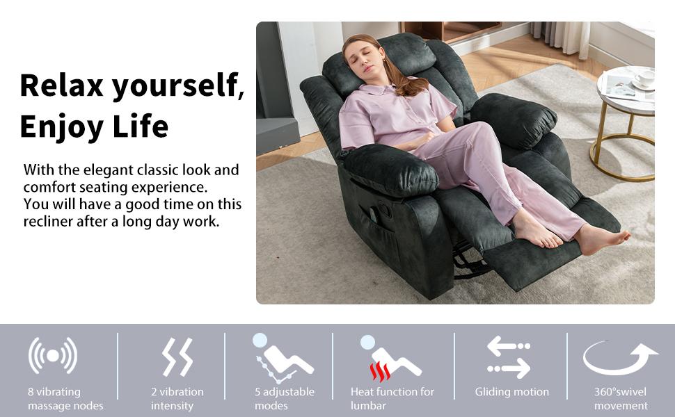 [TikTokShopBlackFriday] Ebello Swivel Massage Recliner Chair with Heat and Vibration, 360 Degree Rotating Manual Recliner Chair, Non-Slip Fabric, Single Sofa, Heavy Duty Recliner Chair for Living Room