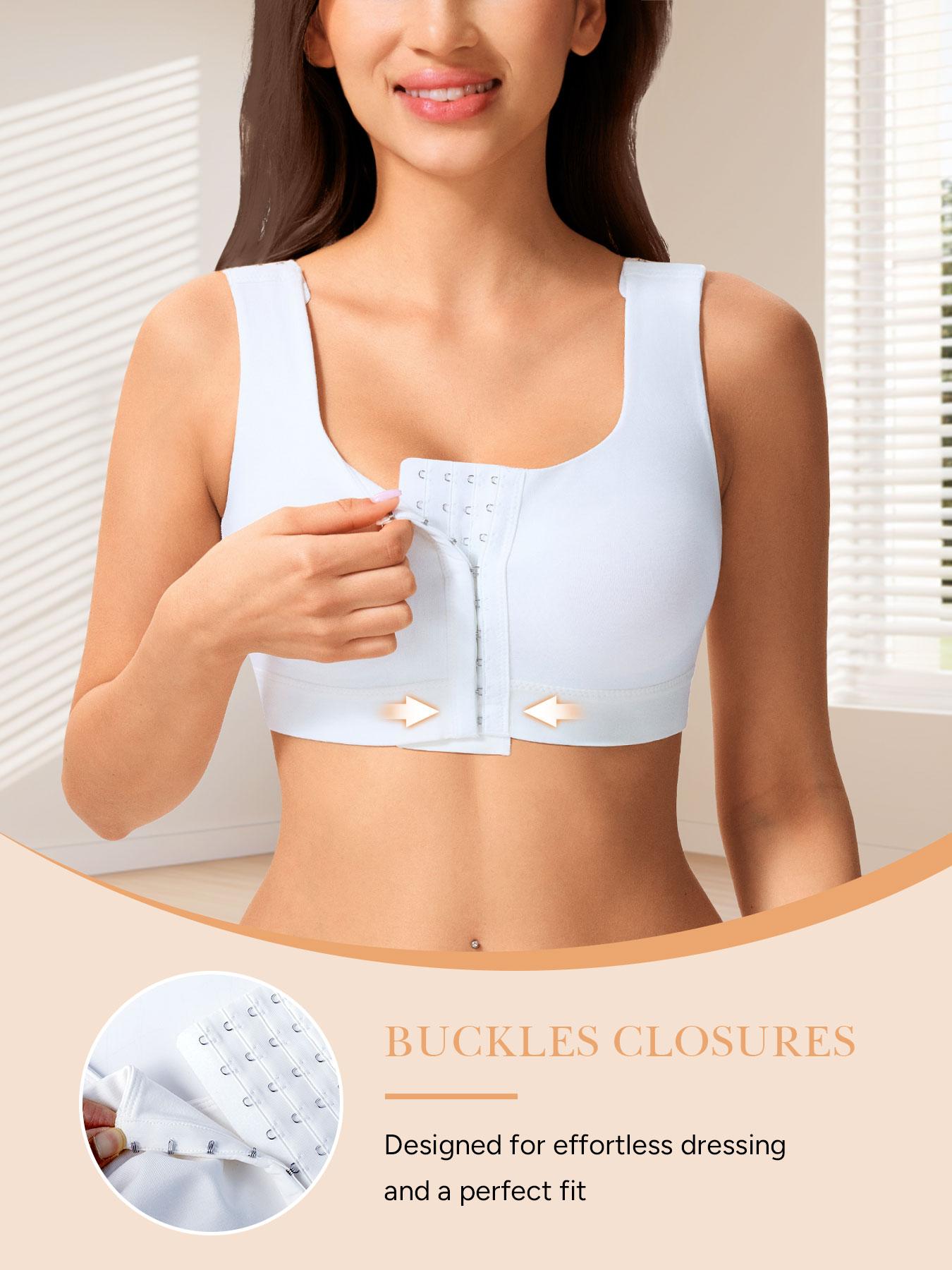 Post-Surgery Bra with Front Closure, Adjustable Straps, Seamless Cup, Soft Bottom Edge, Easy Wear and Remove, Square Neck Design, Medium