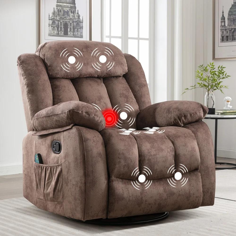 Ebello 35" Wide Massage Recliner Chair with Heat & Vibration, 360° Swivel & Manual Rocker, Grey Upholstered Chair for Living Room & Home Relaxation