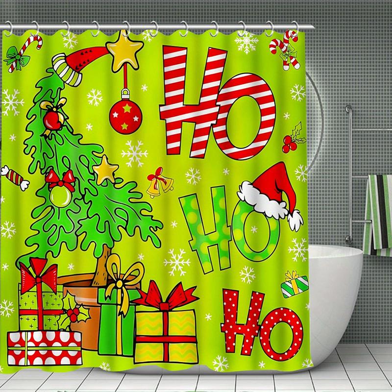 4pcs Green Christmas tTree Shower Curtain Set, Bathroom Partition Curtain, Modern Home Curtain Decoration Housewarming Gift, Bathroom Decoration Accessories, Shower Curtain and Toilet Mat Three-Piece Set with 12 Shower Curtain Hooks
