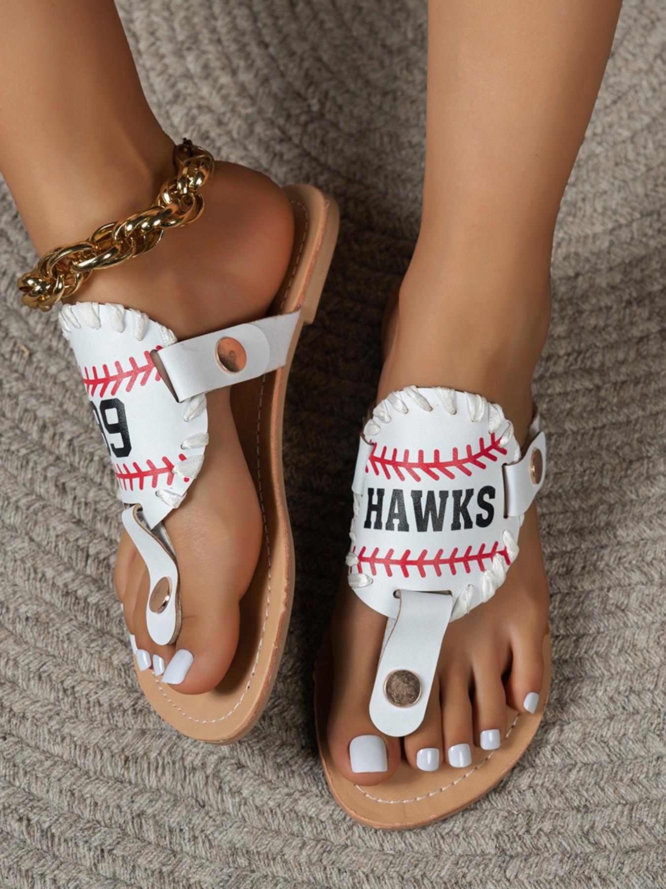 Women's Baseball Themed Sandals - Black Faux Leather Flip Flops with "99" & "HAWKS" Print, Sporty Stitching Detail Thong Slides for Summer