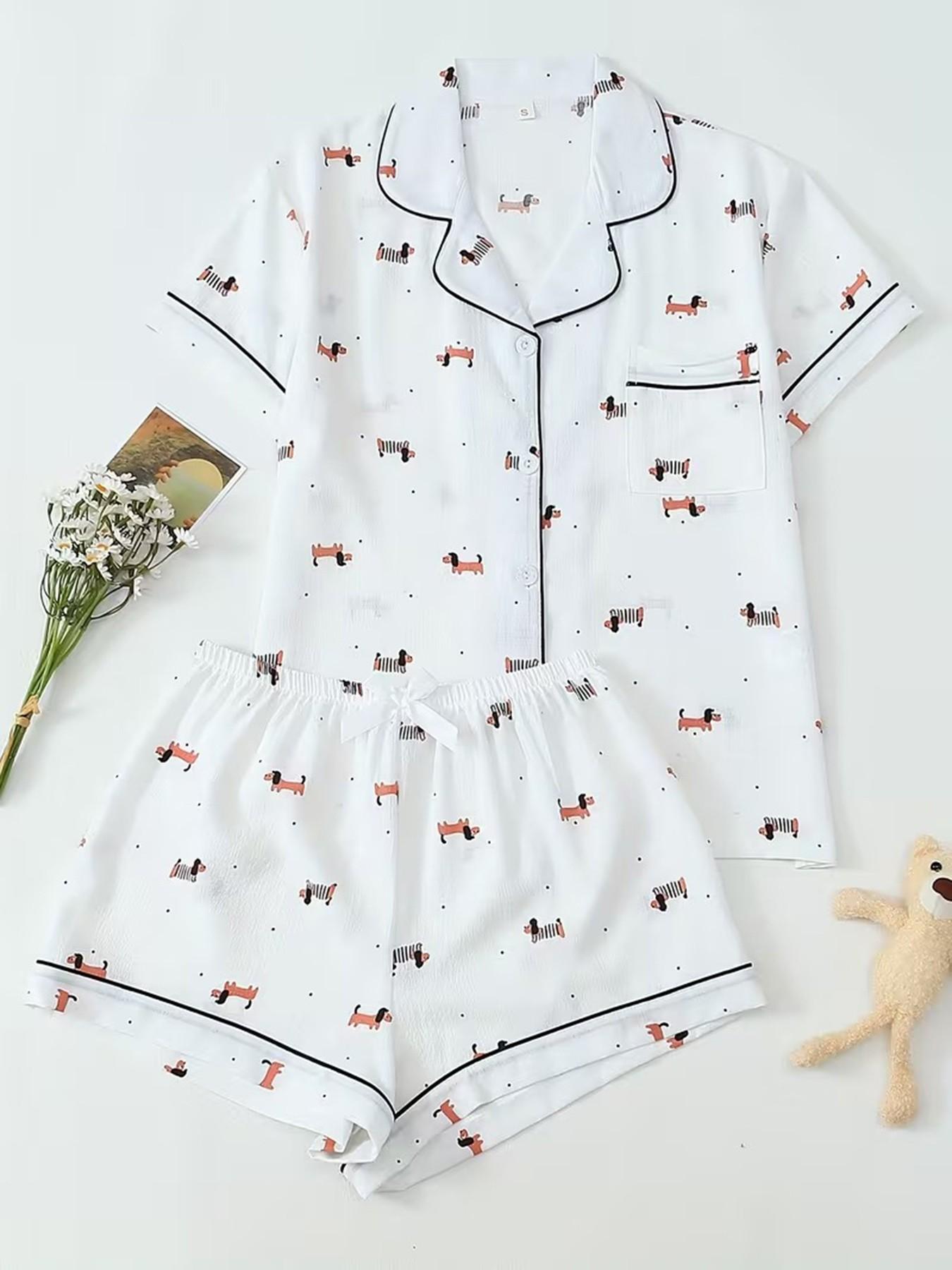 Women's Short Sleeve Button Down Top and Shorts Pajama Set, Spring Summer Wear, For Japanese Kawaii Soft Girls, Cream Base Soft Dachshund & Polka Dot Print, Small Lapel Collar, Slim Fit No Bulk, Comfortable For Daily Home Wear