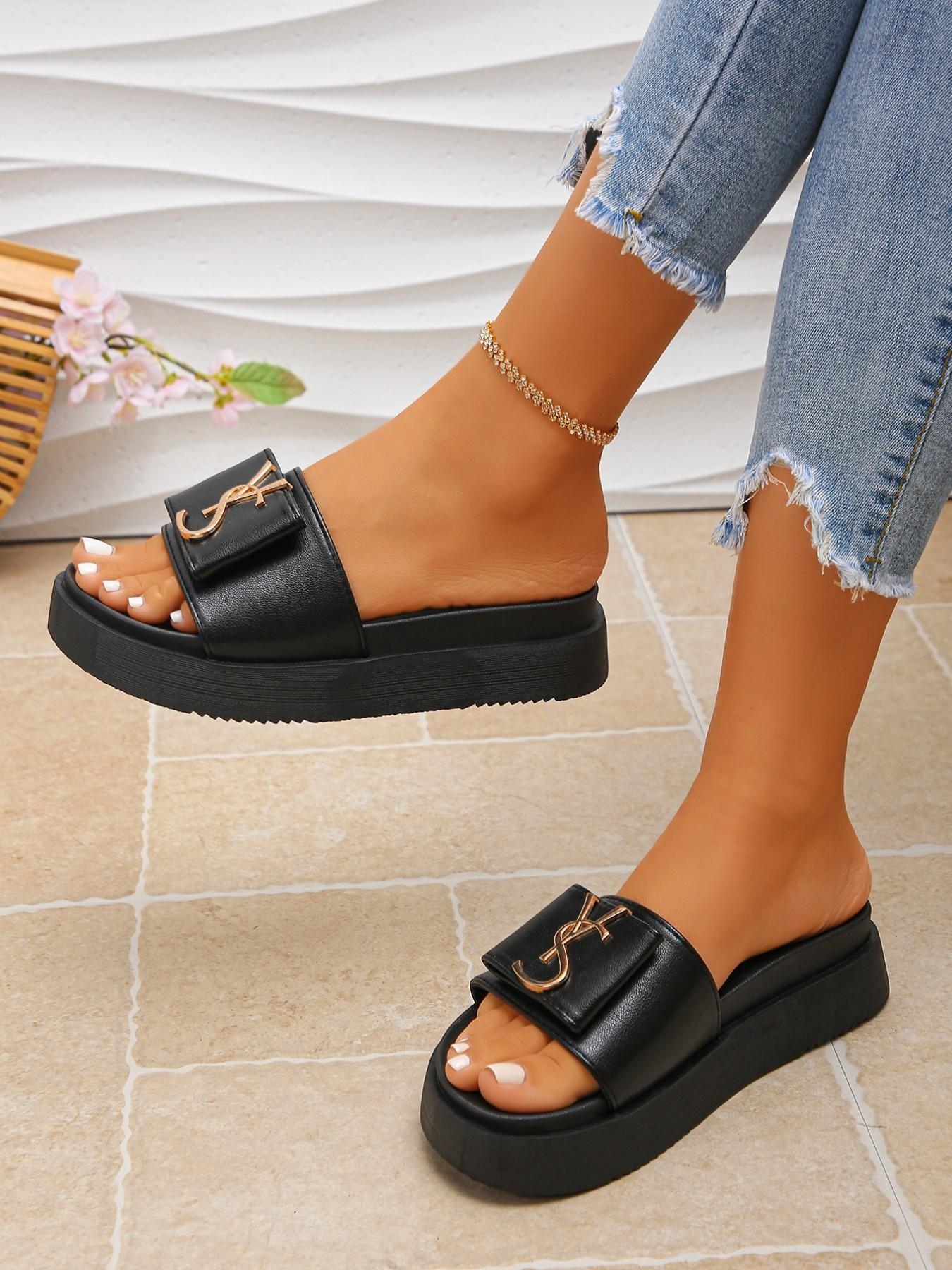 Women's Thick Sole Platform Sandals, Summer Indoor Outdoor Fashion, PU Leather, Rubber Sole, Plain Pattern, Trendy Slippers, Beach Shoes