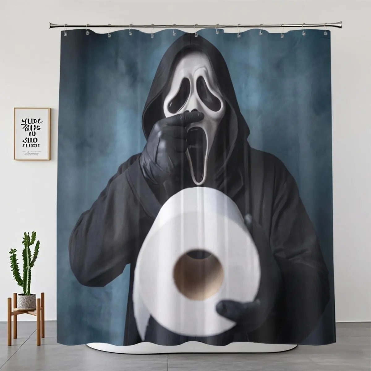 Ghost Theme Humorous Horror Ghost Mask Pinching Nose Holding Toilet Paper Fabric Shower Curtain Set - Waterproof Bathroom Supplies for Bathroom Decor Ideas, Non-Slip Bath Mat, Toilet Lid Cover, Contour Rug (1/4 Pieces, Washable, Ideal for Humor Lovers)