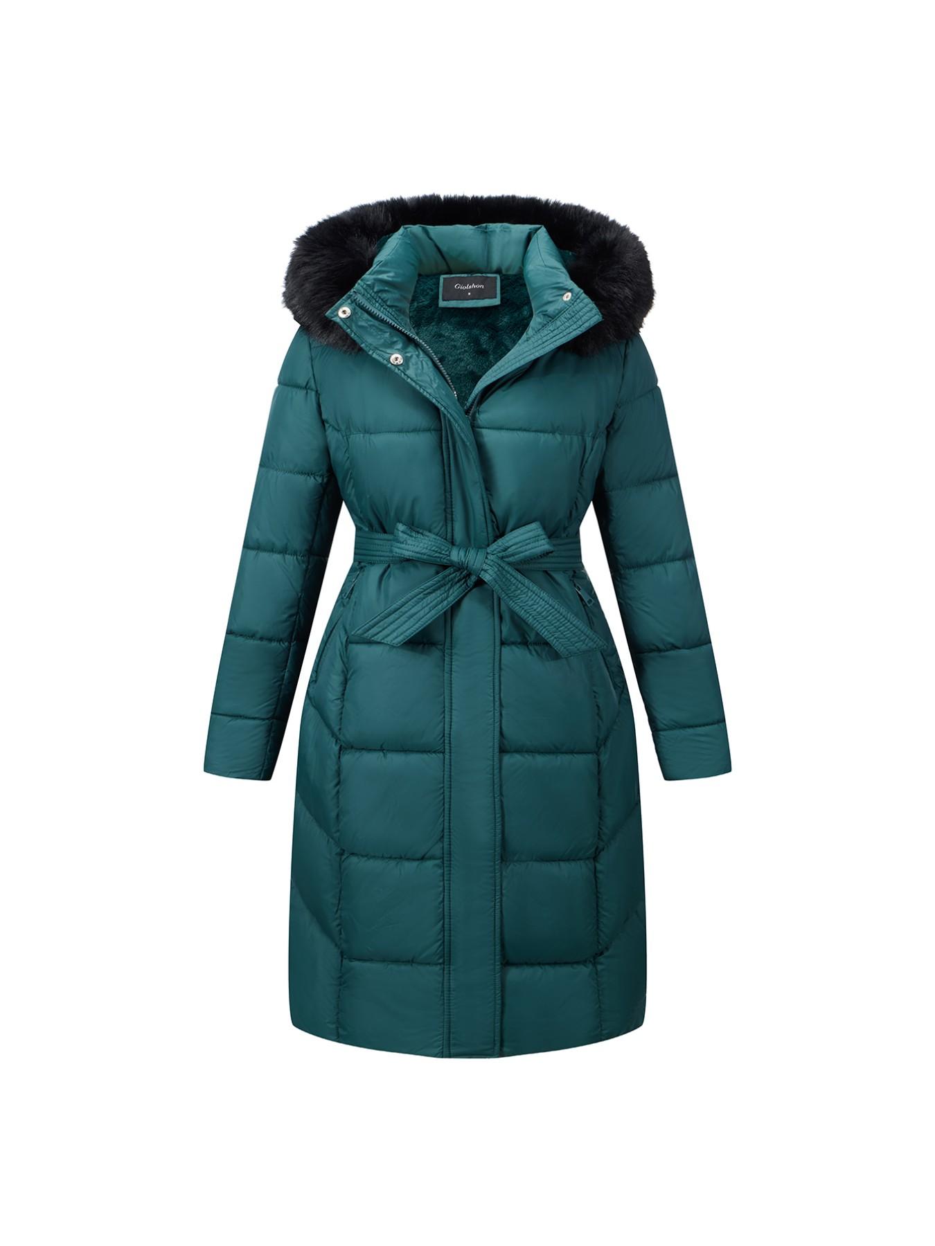 Women's Winter Cotton Jacket, Hooded Long Sleeve Warm Coat, Fitted Plain Style, Fall & Winter Fashion, Includes Belt