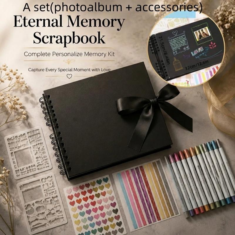 Eternal Memory Black Scrapbook Kit, Hardcover Spiral-Bound Photo Journal with Elegant Ribbon Closure, Complete DIY Memory Album Set for Couples, Weddings, Birthdays, and Travel Keepsakes