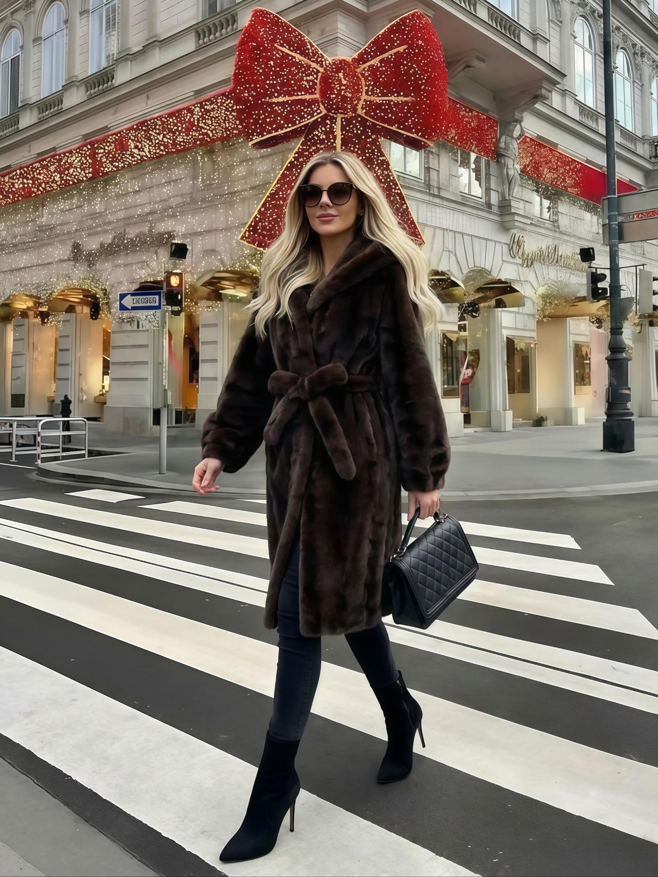 Women's Faux Fur Coat, Winter Fashionable Casual Long Sleeve Jacket, Retro Hooded Loose Fit Medium-Length Outerwear for Daily Wear