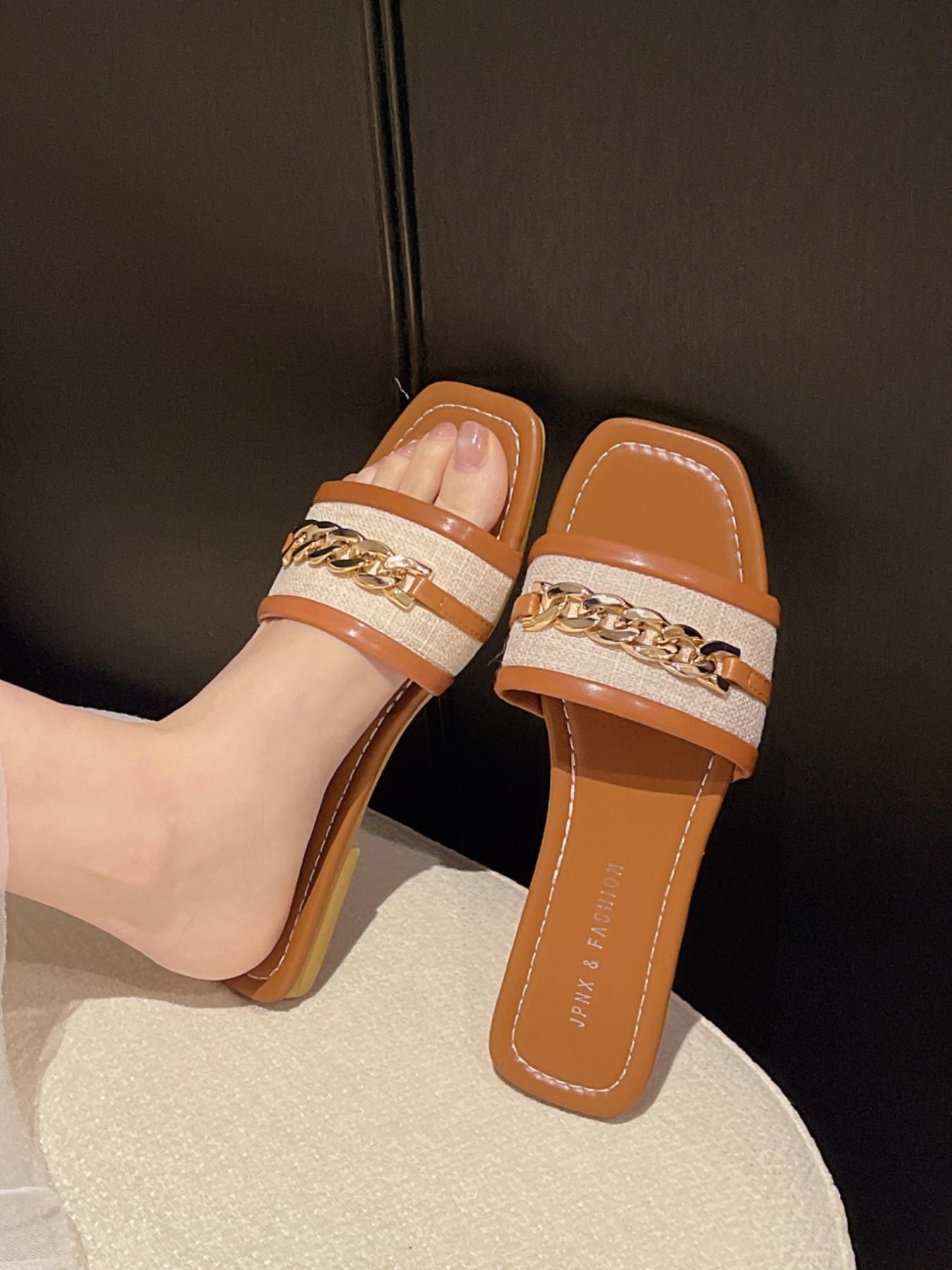 Women's Square Toe Sandals with Chain Decoration, Casual Flat Slip-On Shoes, Trendy Summer Fashion Footwear
