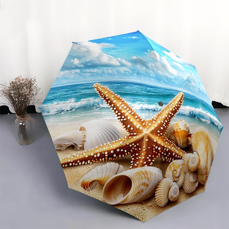 1 PC Automatic Folding Umbrella - Beach Starfish Shells Ocean Waves Pattern, Portable & Foldable Design with 8 Ribs, Merry Christmas Pattern,Casual Outdoor Accessory Halloween and Christmas Birthday Gifts. G00125
