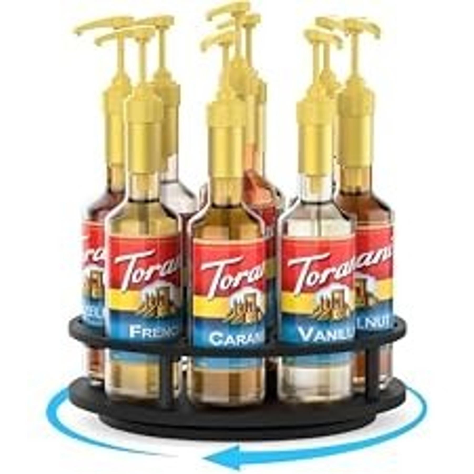 Rotating Coffee Syrup Organizer for Countertop, 9-Bottle Wooden Syrup Rack & Bottle Holder for Coffee Bar Station, Turntable Display Stand, Black