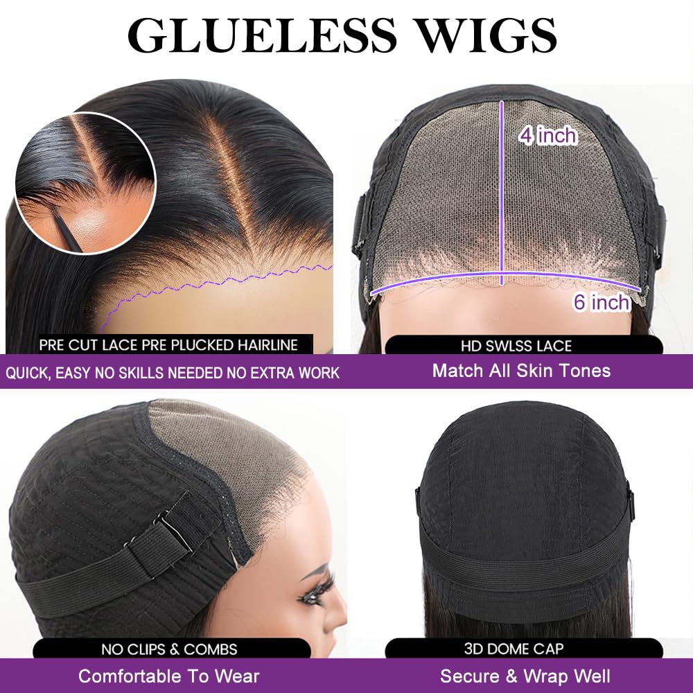 6x4 Body Wave Glueless Wig Human Hair Pre Plucked Pre Cut Glueless Lace Front Wig Ready to Wear 4x6 Body Wave Closure Wig Human Hair 180% Density Human Hair Wigs TikTokShopBlackFriday