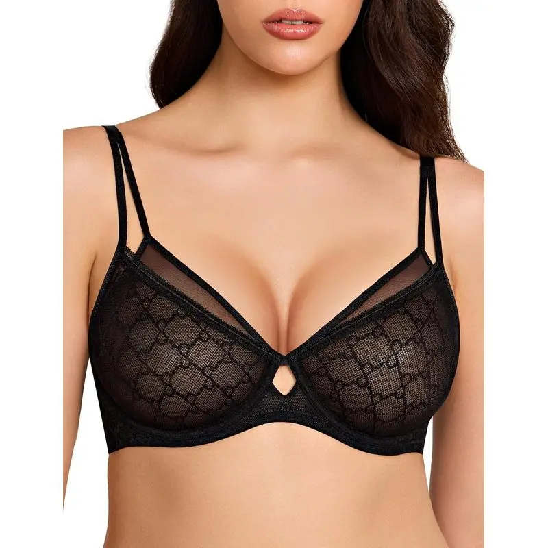 Women’s Sheer Mesh Balconette Lace Bra - Unlined Underwire, Adjustable Straps, U-Back Lightweight Lingerie for Everyday Wear, Date Night