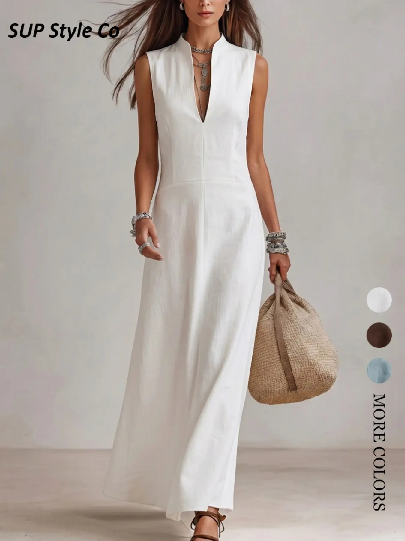 Stand Collar Sleeveless V Neck Waist Cinch Split Long Dress, Elegant Casual Vacation Dress, Minimalist Style for Spring Summer