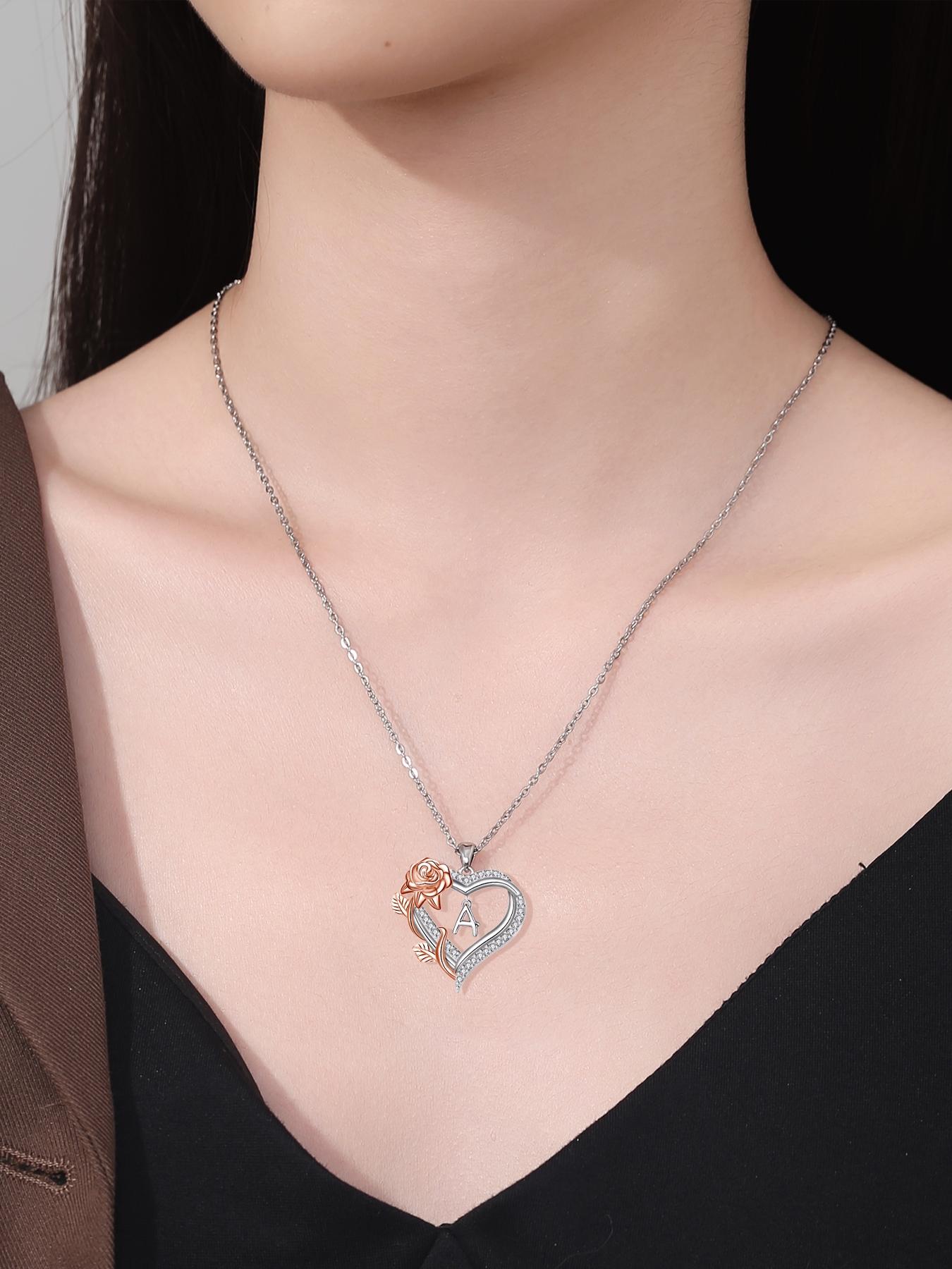 Moss Bear Rose Jewelry Gift Box With Rose Initial Love Heart Necklace for Women, Letter Alphabet Heart Necklace, Heart Design Necklace, Anniversary Birthday Jewelry Gifts for Wife Mom Girlfriend