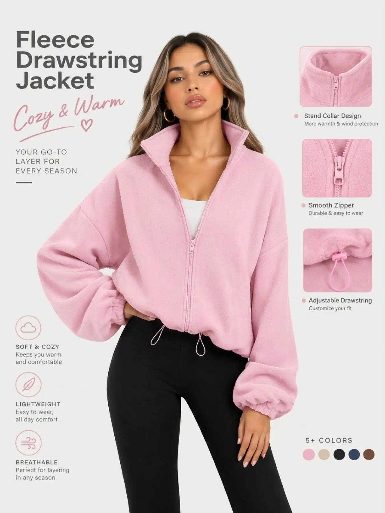 Autumn Winter Polar Fleece Short Stand Collar Jacket, Detachable Inner Layer, Soft Texture, Drawstring Waist, Loose Fit, Zipper Closure, Side Pockets
