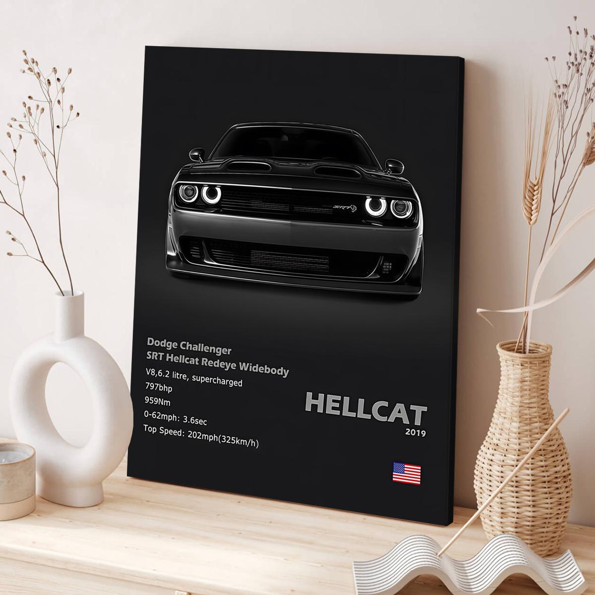 1 Count wooden frame canvas, Dodge Challenger SRT Hellcat poster, Cool car pattern decoration, Fashion Art Hallway Office Mural, Exquisite poster Home Decoration, Ideal Gift, HD, waterproof art, Wooden Wall Art