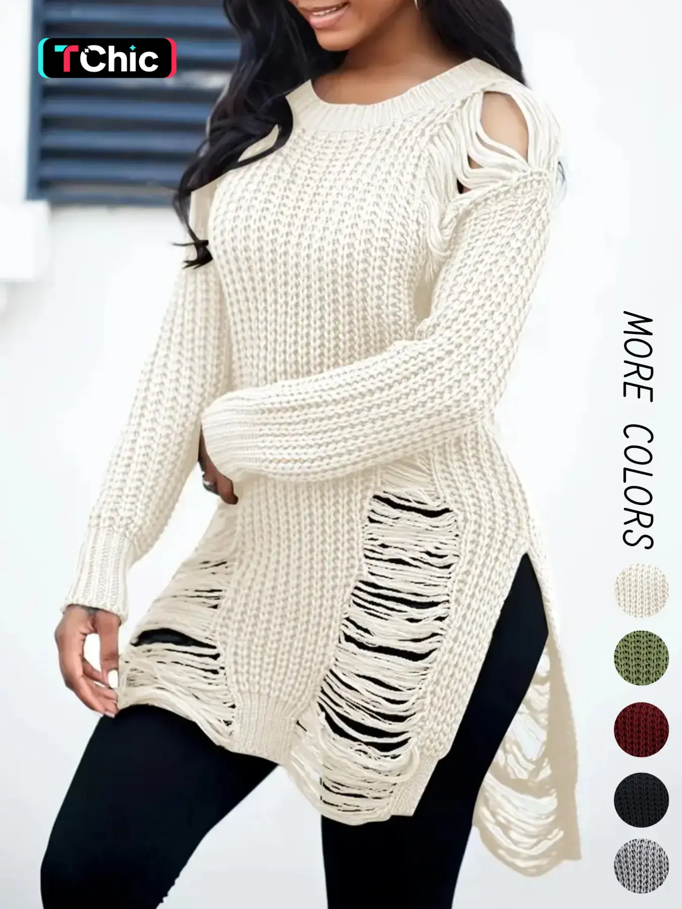 【Black Friday】Women's Plain Ripped Split Hem Drop Shoulder Sweater, Street Fashion Long Sleeve Round Neck Jumper, Knitwear for Daily Outdoor Wear, Knit Tops for Fall & Winter