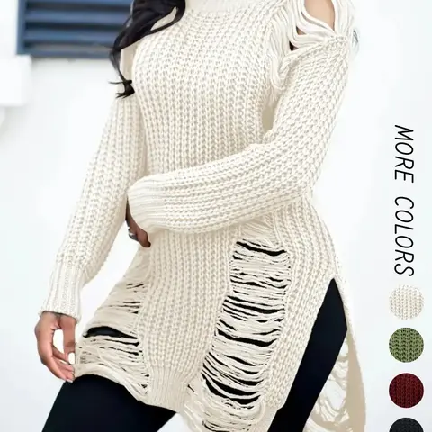 Women's Plain Ripped Split Hem Drop Shoulder Baggy Sweater, Street Fashion Long Sleeve Round Neck Jumper for Daily Outdoor Wear, Women Knitwear for Fall & Winter, Women Fall Outfit, Knit Tops for Fall