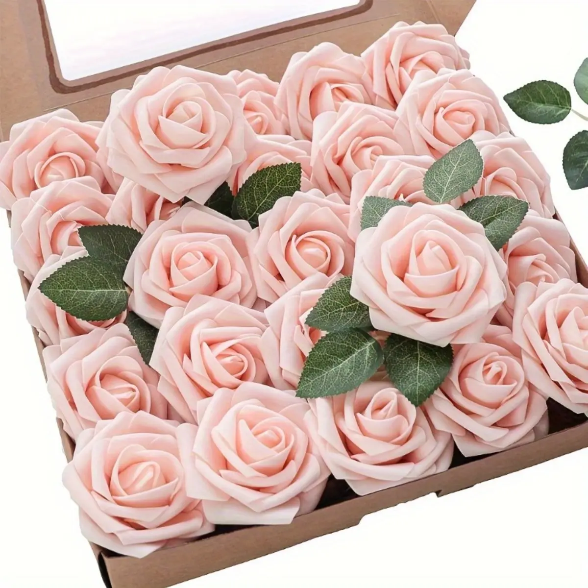25PCS Artificial Roses with Stems and 2 Green Leaves, 3 Inch Foam Realistic Faux Flowers for DIY Wedding Bouquets, Bridal Shower Centerpieces, Outdoor Party Backdrops, Room Table Decor, Garden Planter and Vase Arrangements
