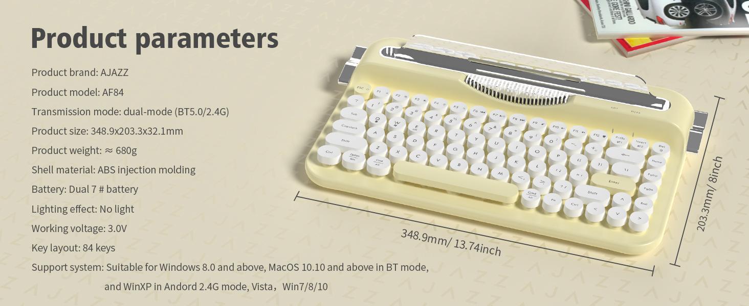 AF84 membrane keyboard wireless dual-mode 2.4G+Bluetooth AJAZZ office keyboard dual color circular keycap retro typewriter keyboard with grooves for placing mobile phones and tablets, high-value girl gift, self provided AAA battery * 2