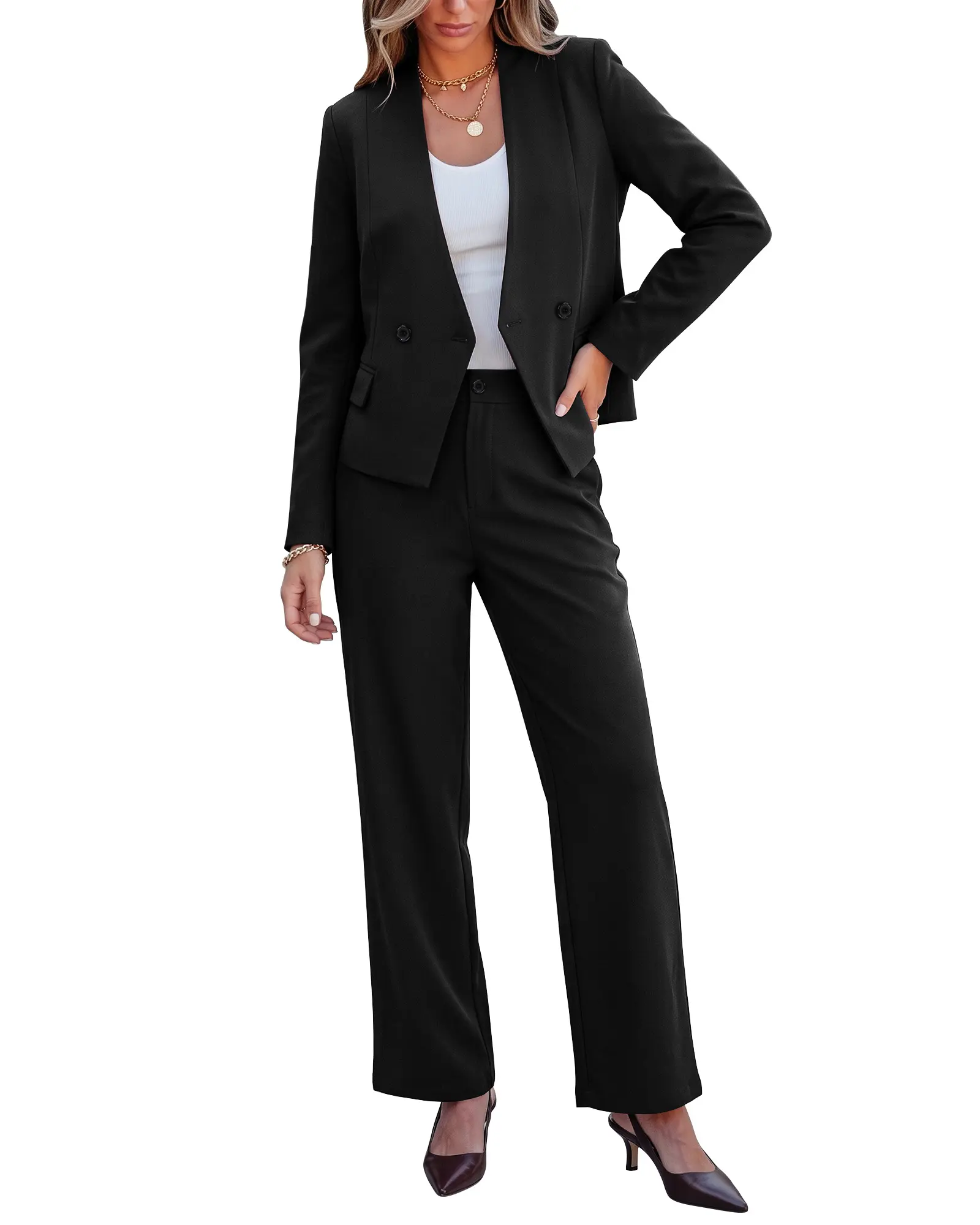 luvamia Pants Suits for Women 2 Piece Sets Business Casual Interview Outfit | Collarless Blazers, Wide Leg Pants, Work Office Pant Suits Two Piece Sets, Professional Pantsuits Set, Dressy Fall Outfits