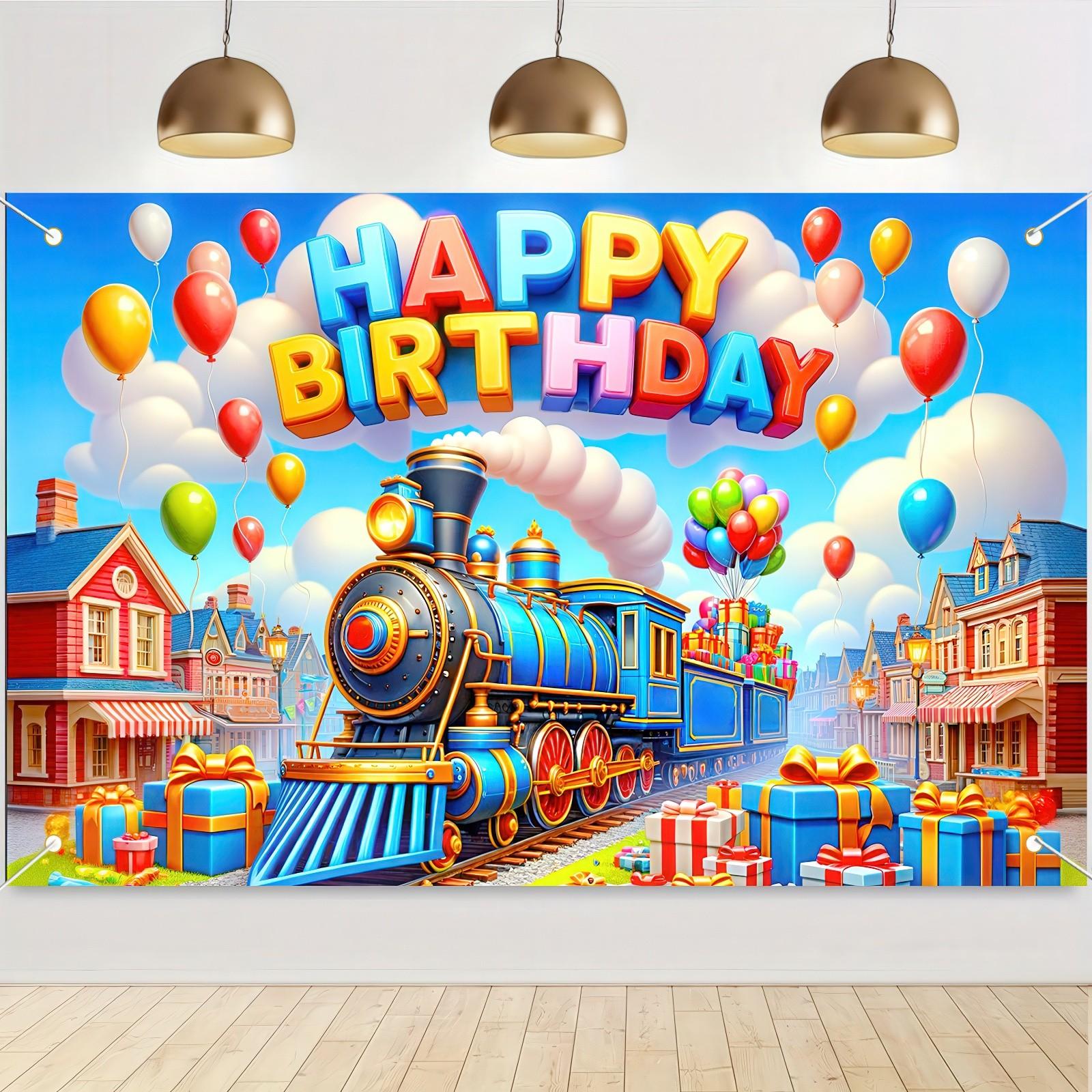 1pc, 2D/Flat Happy Birthday Banner Colorful Train Birthday Backdrop Cartoon Train Banner Decorations Photography Background Photo Shoot Props for Boy Girl Kid Train Birthday Party Backdrop