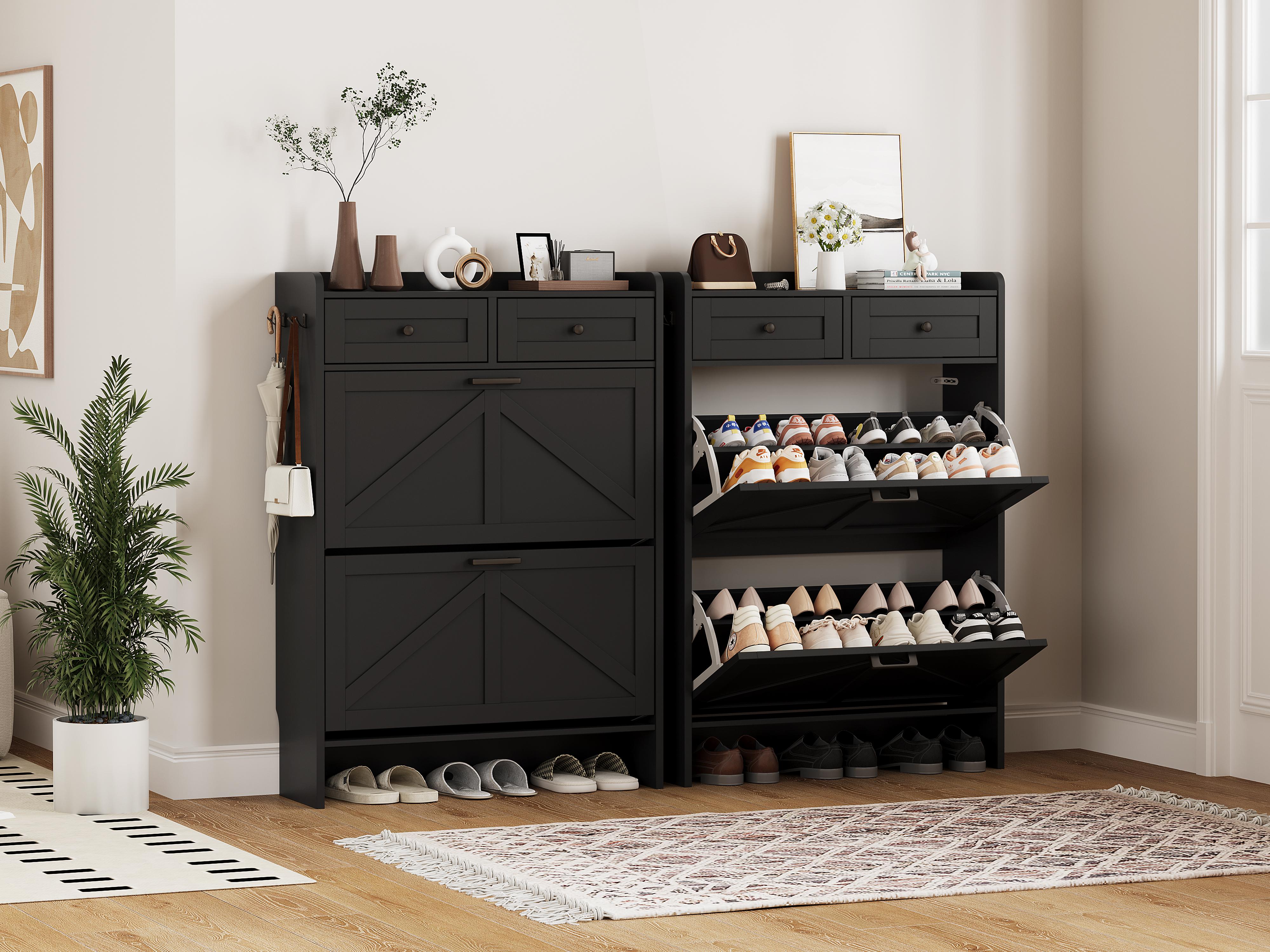 Shoe Storage Cabinet for Entryway, Farmhouse Wide Shoe Cabinet with 4 Flip Drawers and 2 Top Drawers, Freestanding Organizer with Adjustable Shelves, Hooks, and Anti-Tip Kit for Hallway Shoe Storage Cabinet for Entryway, Farmhouse Wide Shoe Cabinet with 4 Flip Drawers and 2 Top Drawers, Freestanding Organizer with Adjustable Shelves, Hooks, and Anti-Tip Kit for Hallway