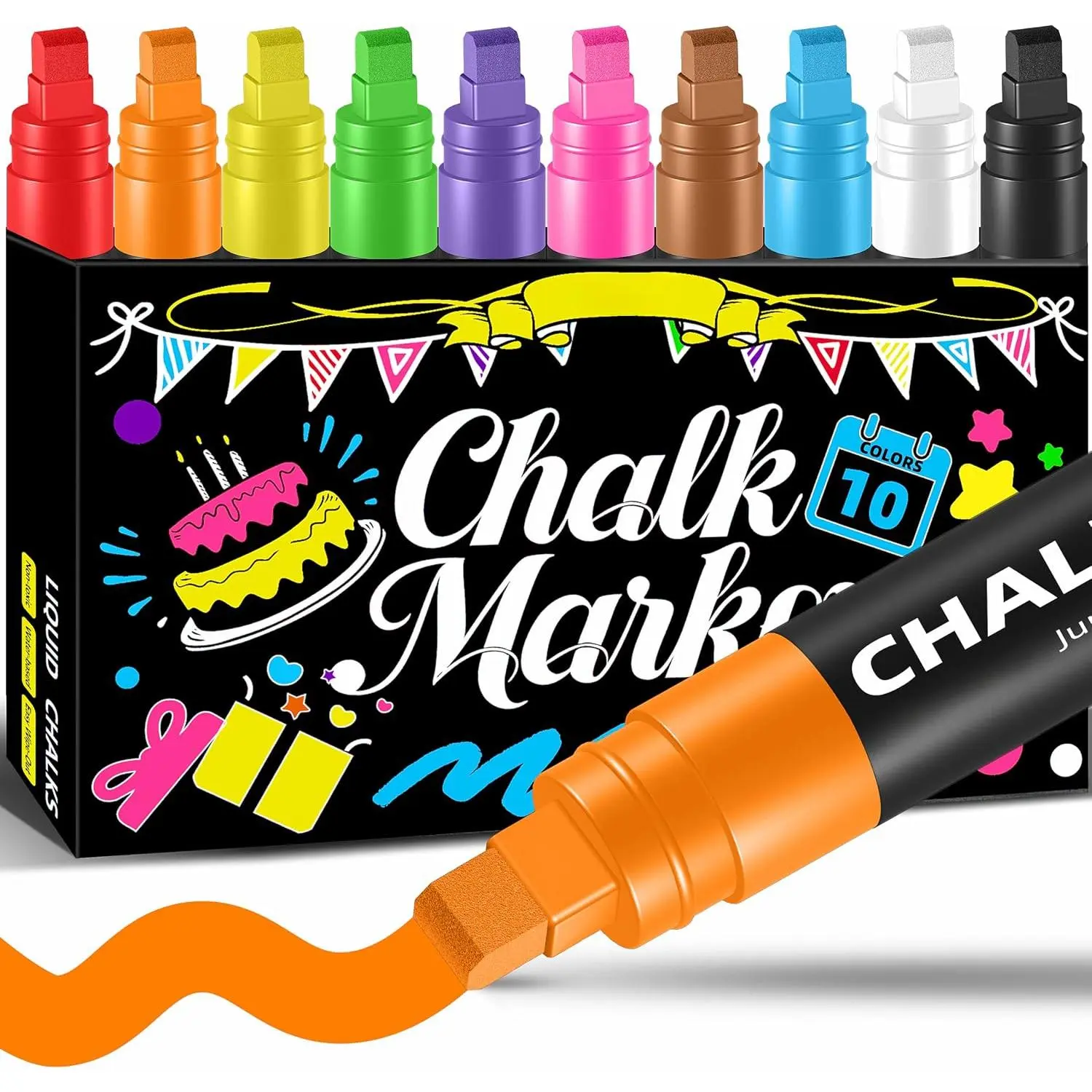 Window Chalk Markers for Blackboard,10 Colors Washable Glass Jumbo Liquid Chalk Marker with 10mm 3 in 1 Nib Thick Wide Tips, Big Chalkboard Markers, Car Paint Pen Auto, Mirror, Bistro, Poster