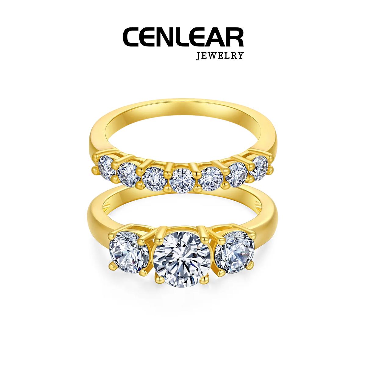 CENLEAR Female Stunning Ring Set - Women's 18K Gold-Plated Lab-Grown 2-Carat 3-Stone Stackable Fine Moissanite Wedding Rings Set for Engagement, Valentine's Day Gift