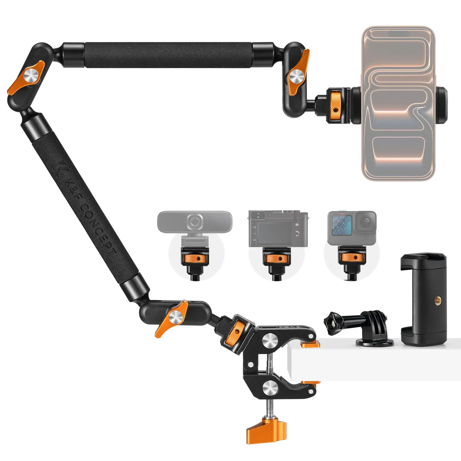 K&F CONCEPT 22" Magic Arm Clamp Kit, Overhead Desk Camera Mount, Long Articulating Friction Boom Arm for Phone, Action Camera, LED Light, Microphone，Suitable for content creators to use