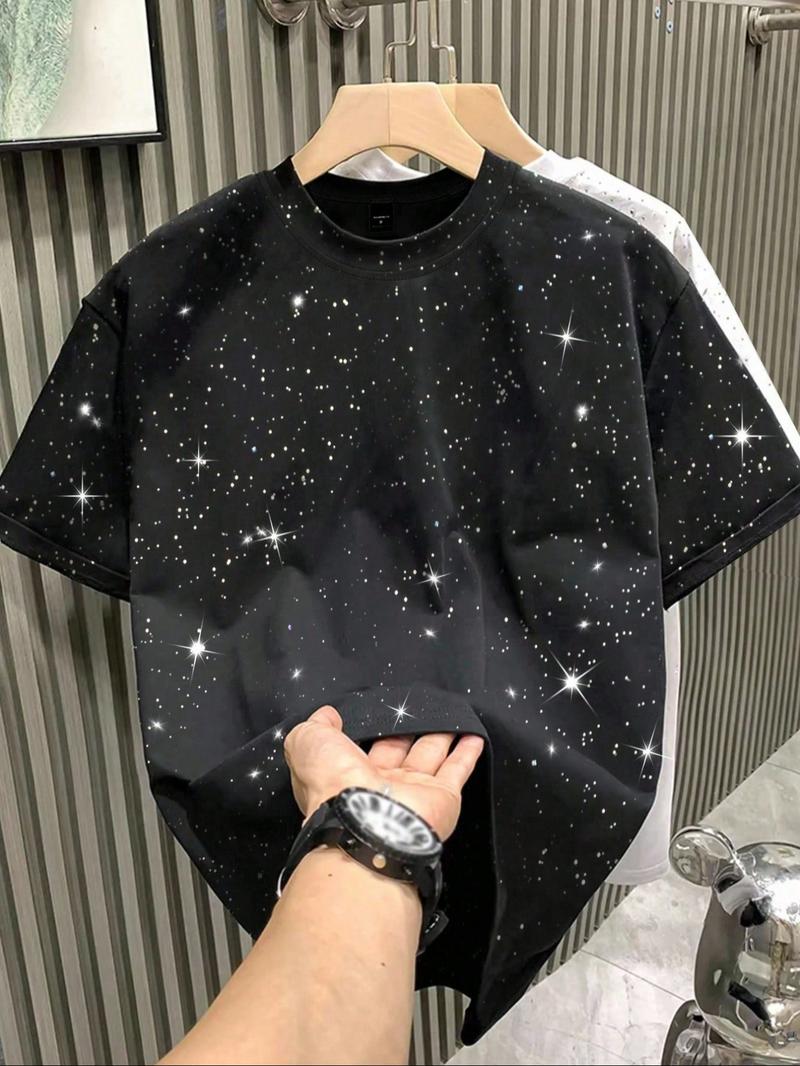 New Men's Short Sleeve T-Shirt, Fashion Starry Sky Reflective Design, Sparkling Like a Starry Sky, Essential Outerwear Item