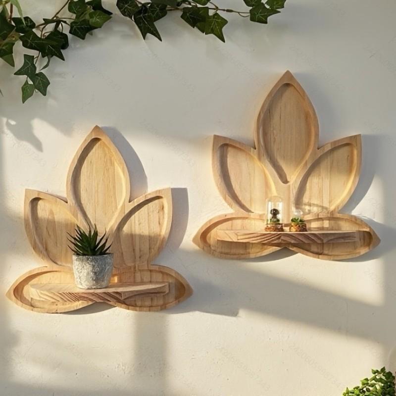 Wall Mounted Wooden Shelf, Lotus Shape Candle Holder, Multi-Purpose Storage Rack, Decorative Wall Organizer, Home Décor Accessory