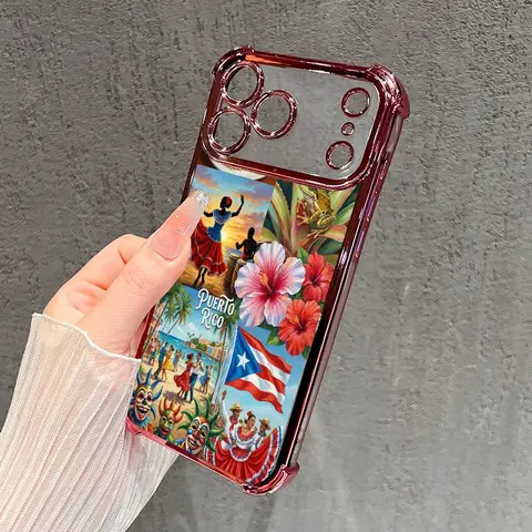 Puerto Rico Island Rhythm Pattern Silicone Cellphone Case for iPhone Series - 4-Corner Air Cushion Anti-Drop Transparent Full Coverage Casing for 18 Pro Max,17,16 Plus,15,14,13,12,11,XR,Air,E Handheld Devices Accessories