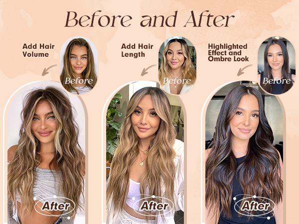 FESHFEN Clip in Hair Extensions - 4 PCS Long Wavy Thick Clip in Hairpieces Full Head Natural Soft Synthetic Hair Extension for Women