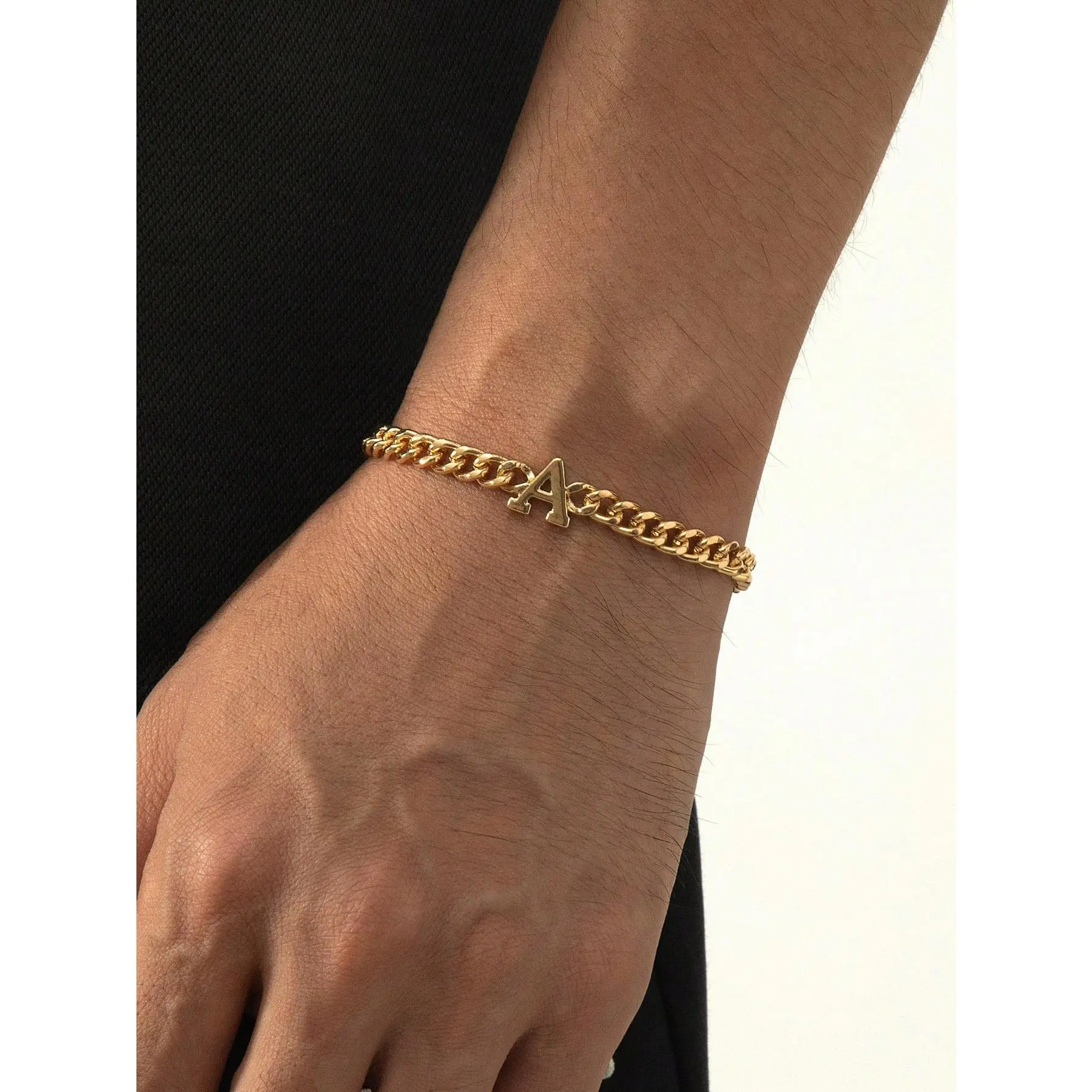 Men's Bold Curb Chain Bracelet - Gold Finish Initial Letter Pendant On Heavy Link Chain, Personalized Streetwear Jewelry For Daily Wear & Gift For Him