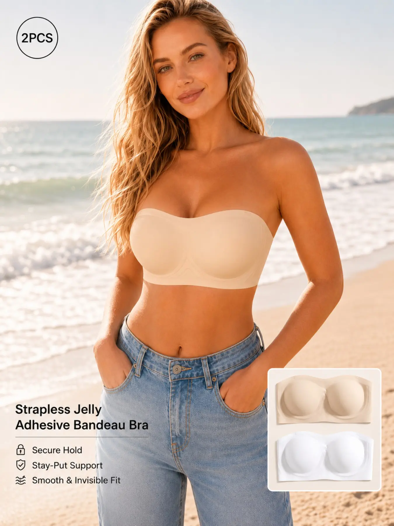 1/2/3 PCS Strapless Bandeau Bra for Women, Seamless Adhesive Bra with Padded Cups, Non Slip Wireless Tube Bra, Stay-Put Support for Backless Dresses, Off Shoulder Tops and Everyday Outfits