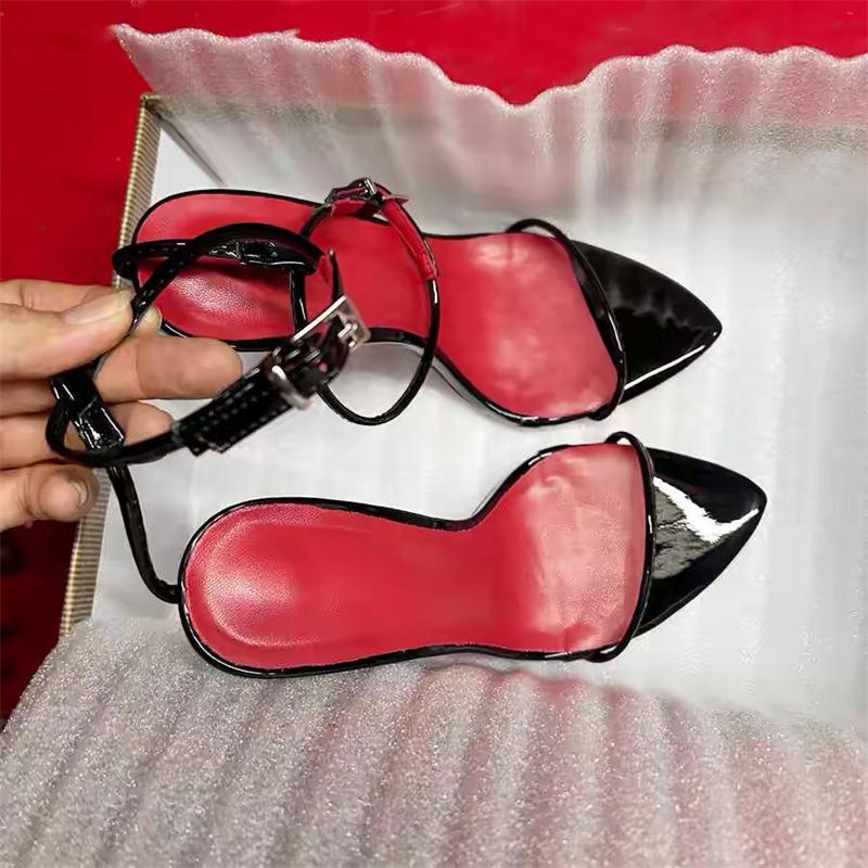 2026 New Minimalist Line Curved Straight Strap 10cm Ultra High Heel Sandals Sexy Wristband Large Size Thin Heel 10cm Red Bottom Women Girl