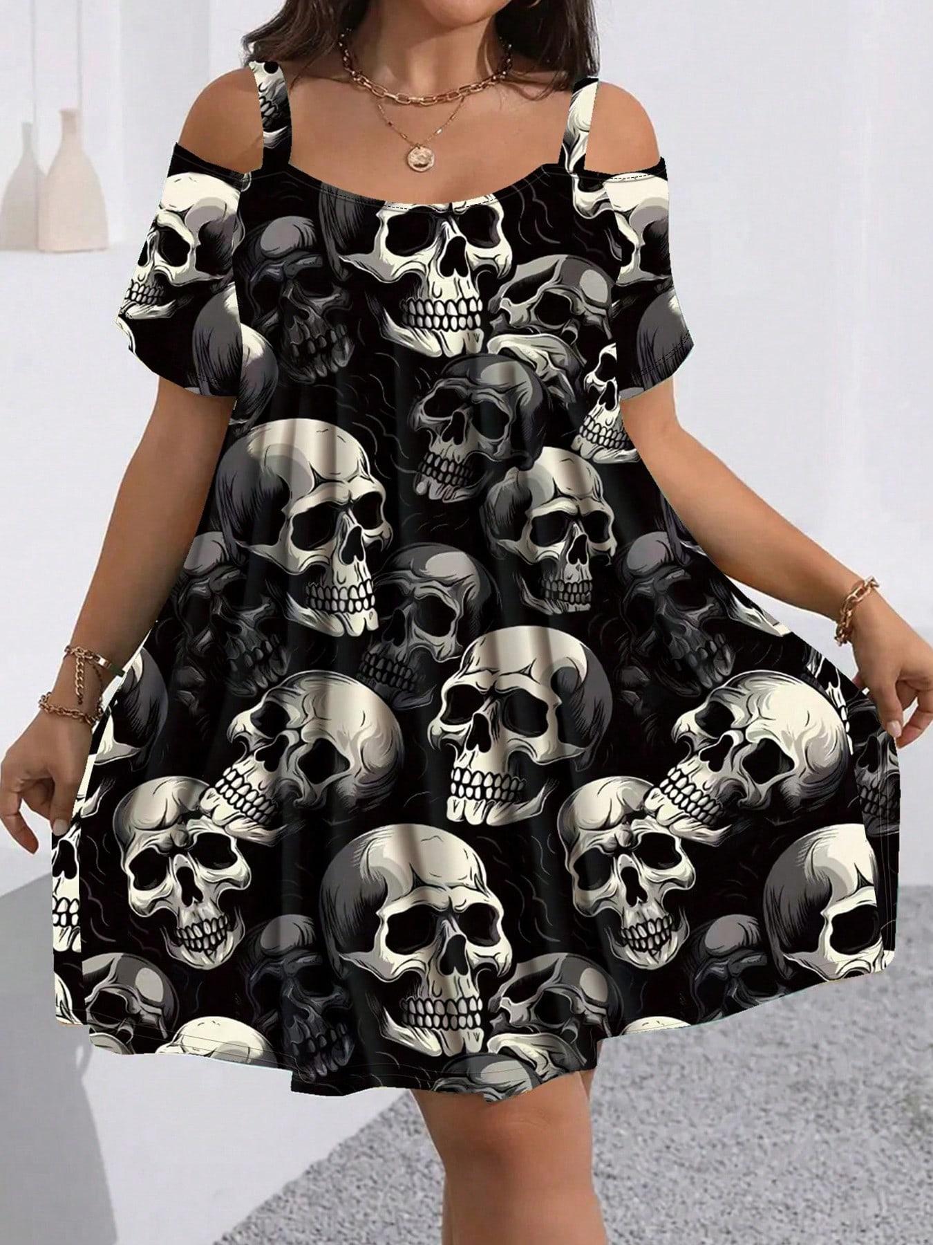 Summer Women's Short Sleeve Hollow Out Spaghetti Strap Fashion Elegant Fitted Halloween Skull Print Dress, Lady, Casual Cut Out, Comfortable Fit, Stylish and Trendy, Perfect for Casual Wear, Womenswear